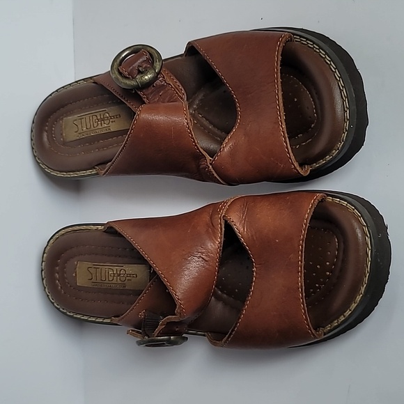 Studio du Monde Cameron 7.5 clogs brown double strap leather upper wood heel - Picture 2 of 9